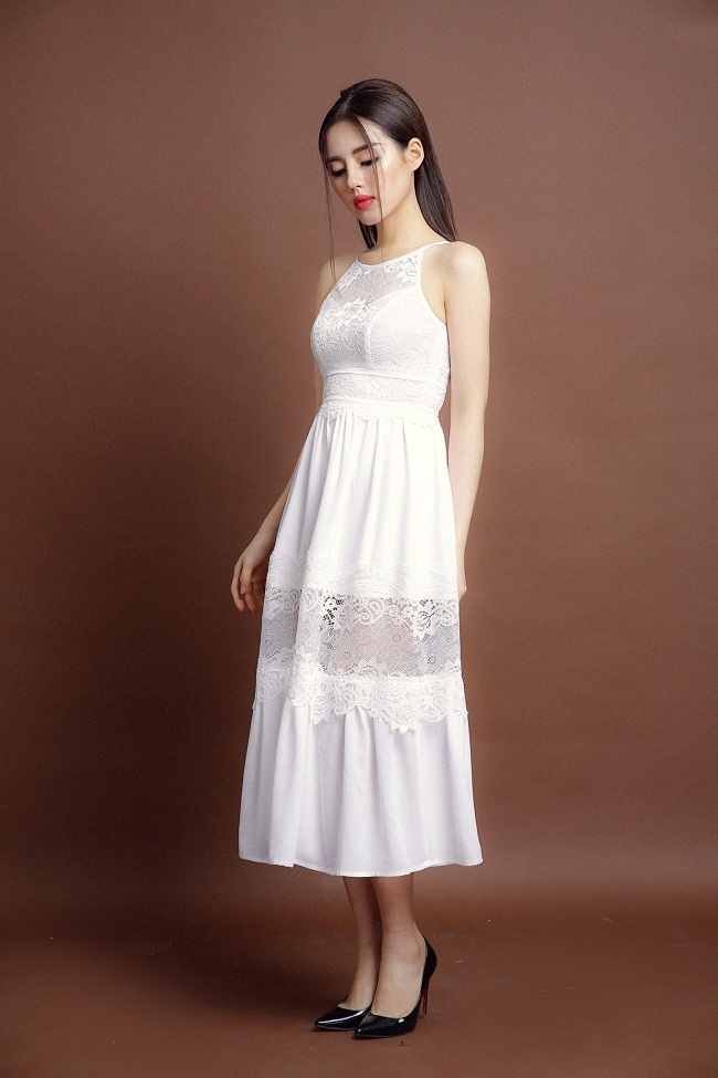 Đầm cổ V viền trắng tay phối ren - D2343 – NHẬT VY BOUTIQUE